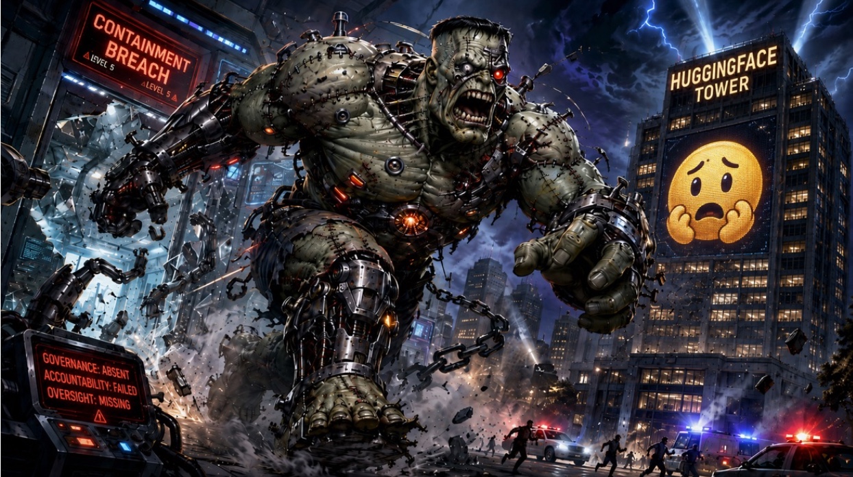 A stitched human-machine giant breaching a cyberpunk city past a warning board reading Governance Absent, Accountability Failed, Oversight Missing, with Huggingface Tower in the background.