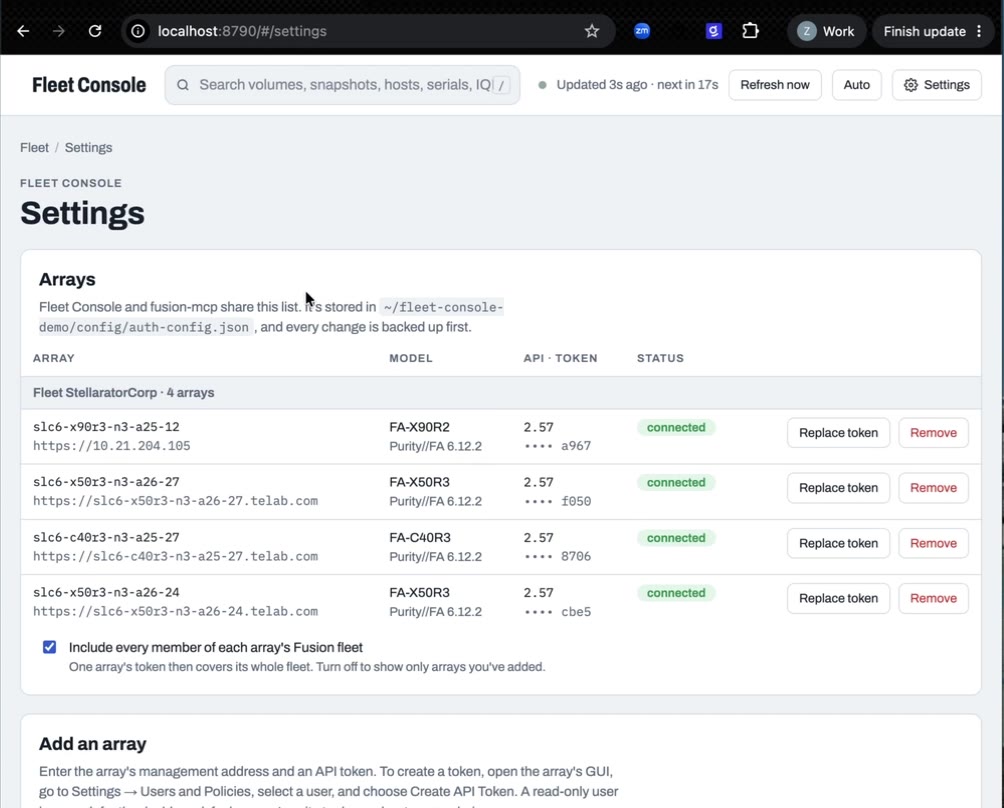 Fleet Console settings page for adding and managing arrays and their API tokens