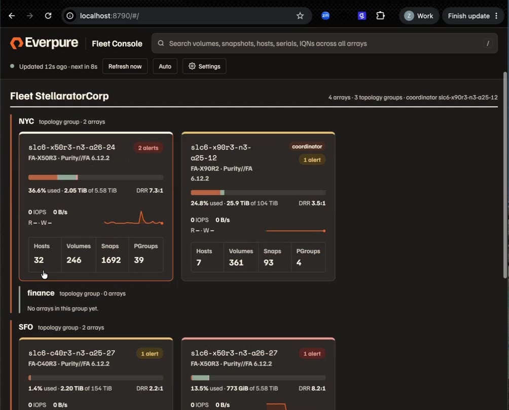 Everpure Fleet Console arranging Fusion fleet arrays by topology groups NYC, finance, and SFO