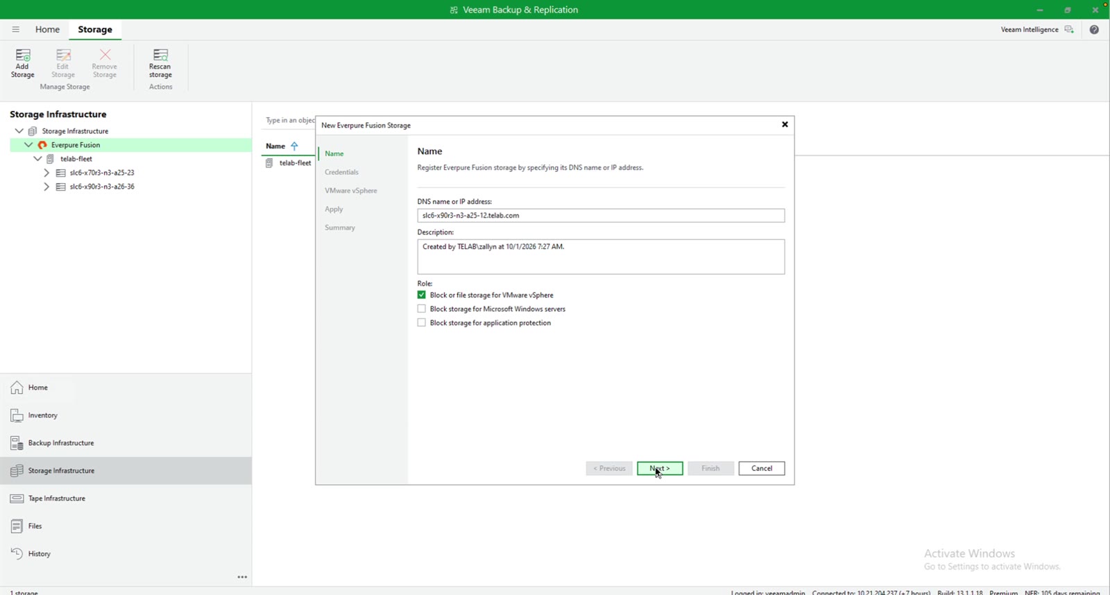 The New Everpure Fusion Storage wizard in the Veeam Backup & Replication console