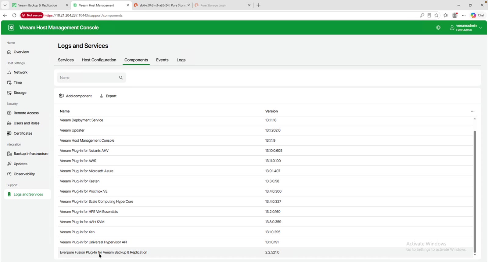 The Everpure Fusion Plug-in for Veeam Backup & Replication listed under Components in the Veeam Host Management Console