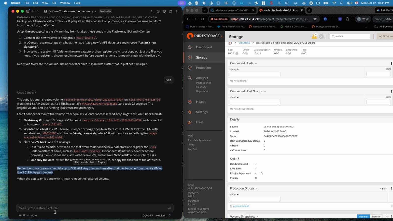 FlashArray snapshot restored to a new volume, shown in Claude and in the Everpure FlashArray GUI