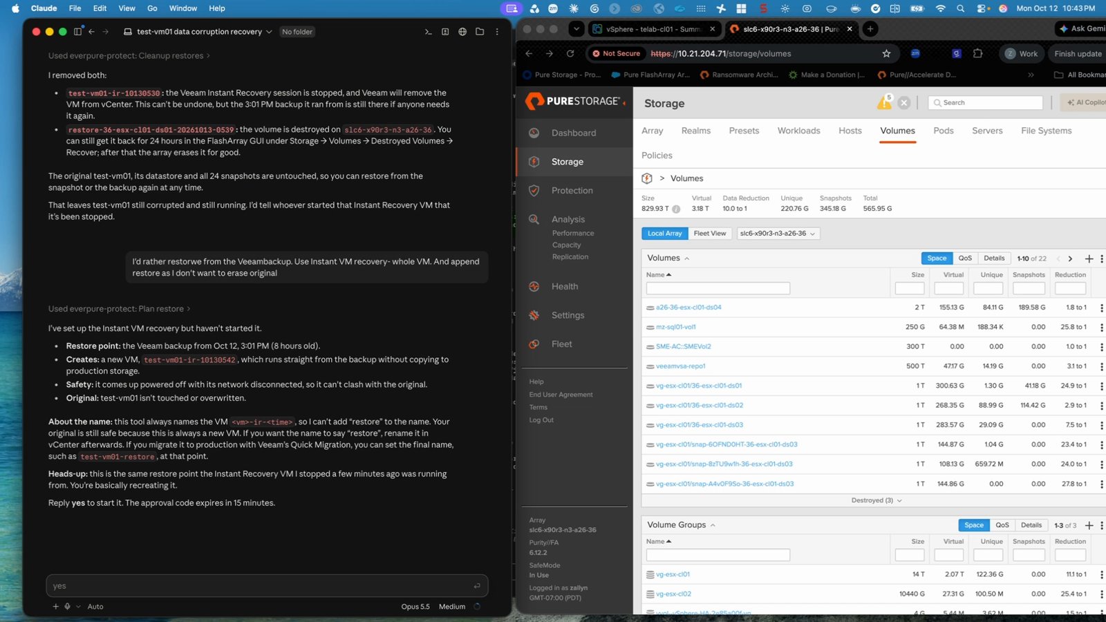 Veeam Instant VM Recovery plan in Claude: restore point, new VM name, powered off with network disconnected, and a 15 minute approval code