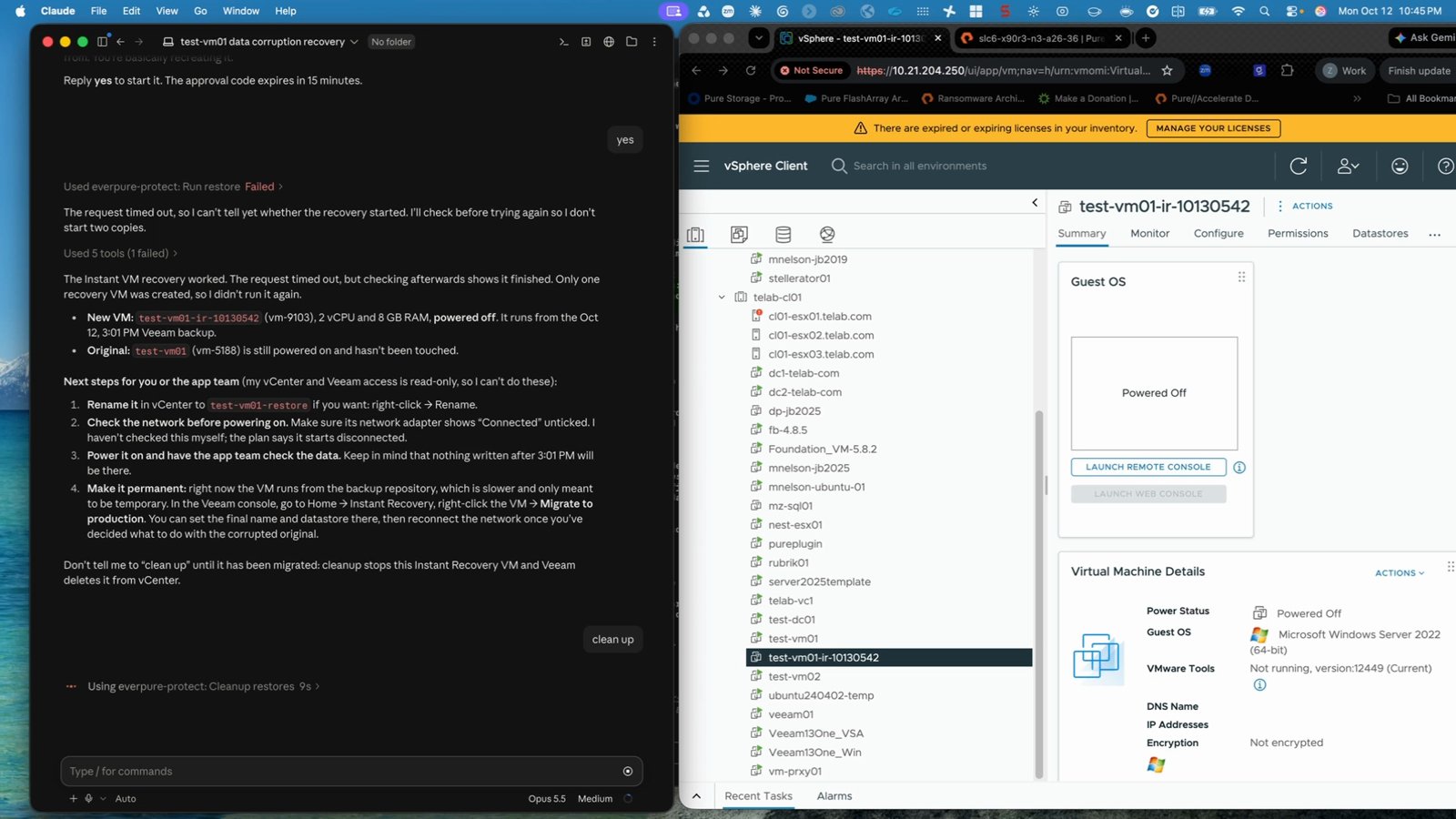 Instant VM Recovery VM test-vm01-ir in the vSphere Client, powered off
