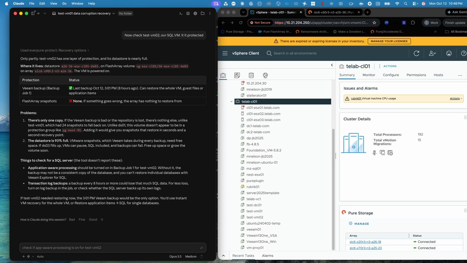 Protection check for test-vm02, the SQL Server VM: one Veeam backup, no FlashArray snapshots, and a 93% full datastore