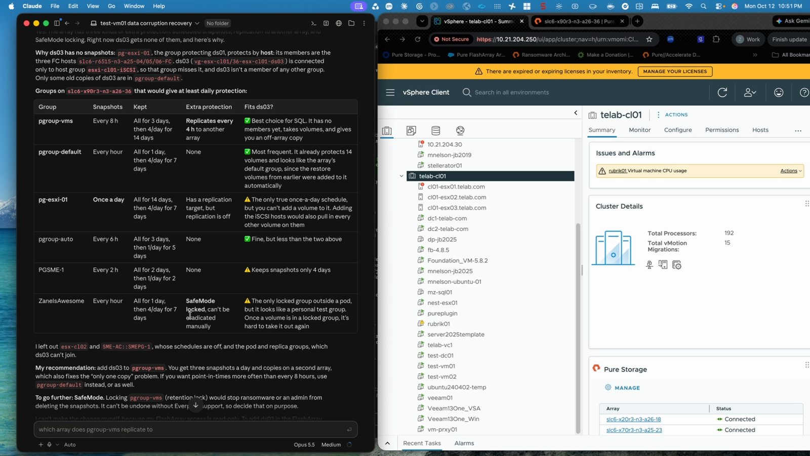 FlashArray protection groups compared by snapshot schedule, retention, and replication, with a recommendation for the SQL Server datastore