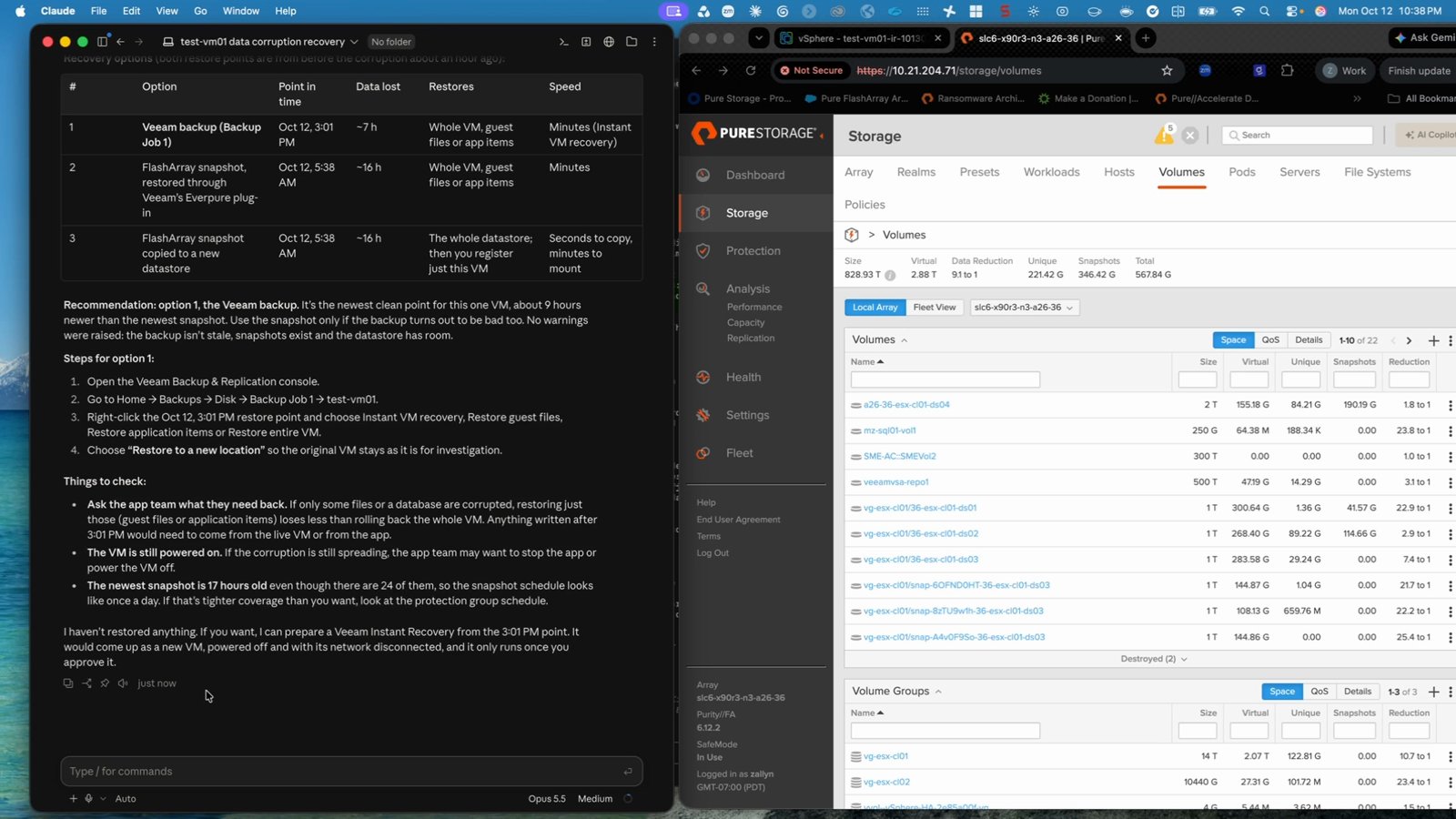 Claude listing recovery options for test-vm01: Veeam backup, FlashArray snapshot through the Veeam plugin, or FlashArray snapshot copied to a new datastore, next to the Everpure FlashArray volumes view